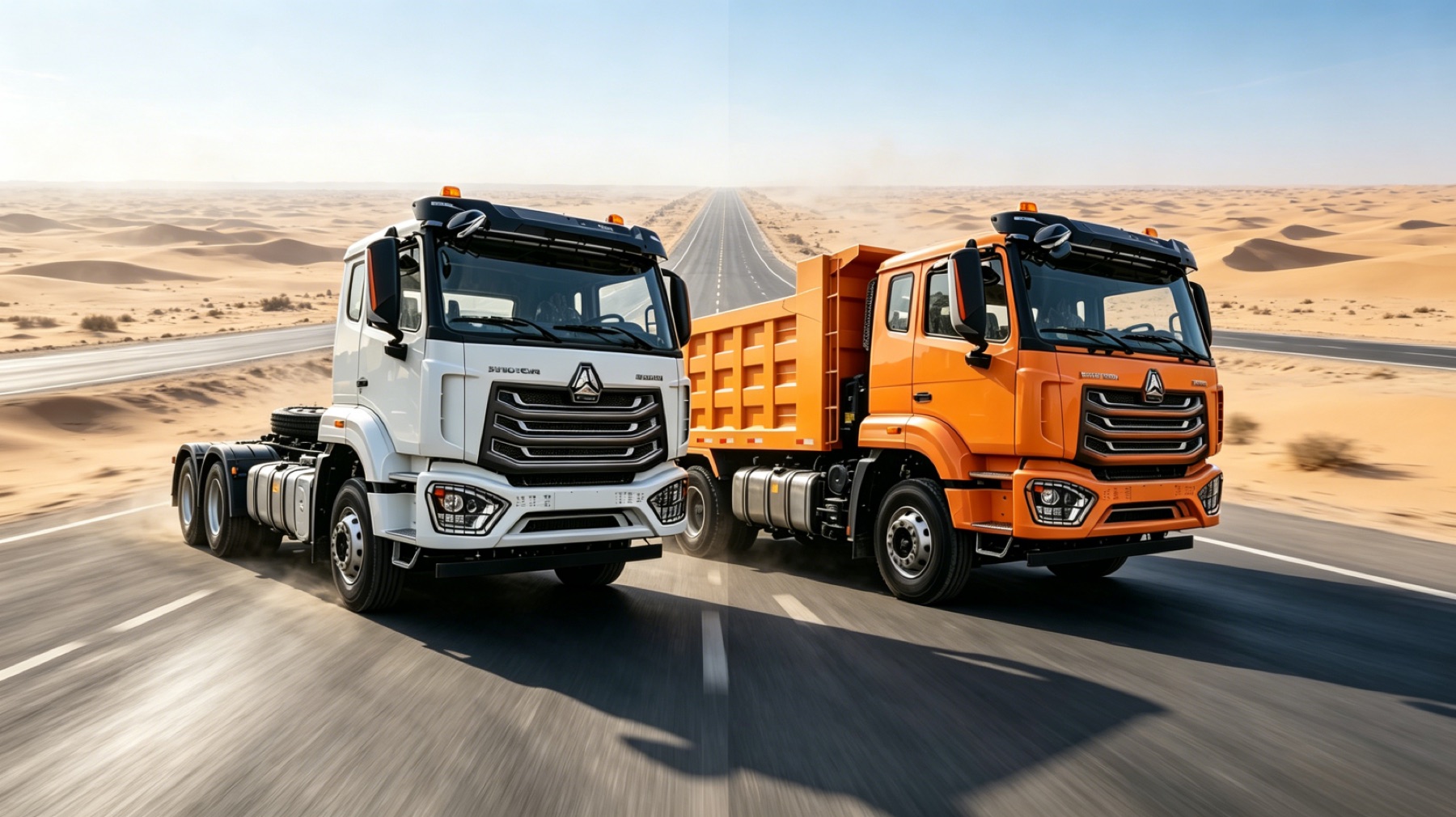HOWO tractor truck and dump truck driving through desert conditions