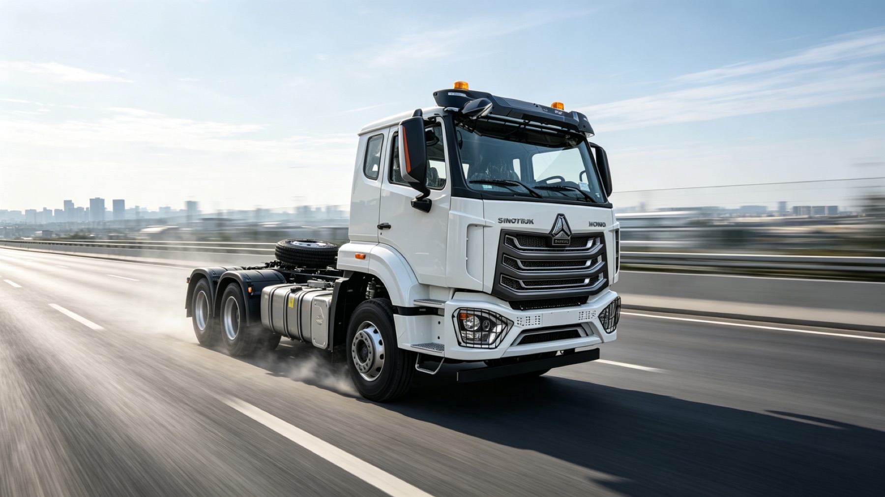 White HOWO tractor truck driving on a highway